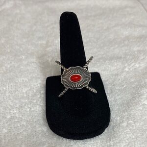 American West Silver Ring with Coral Red Accent